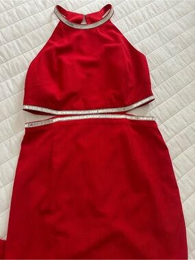 Red Cutout Evening Gown with Rhinestone Trim